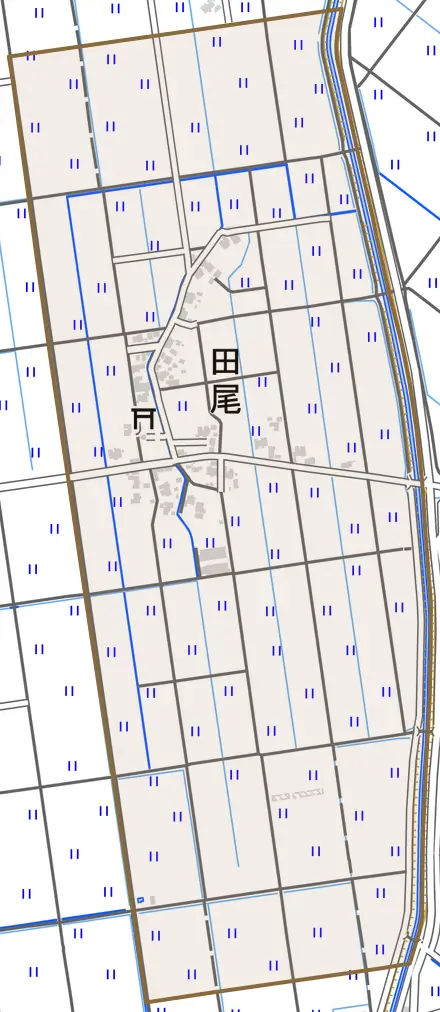 田尾とその周辺の地図。町の範囲を重ねている
