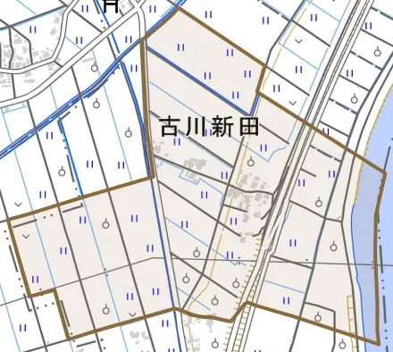 古川新田とその周辺の地図。町の範囲を重ねている