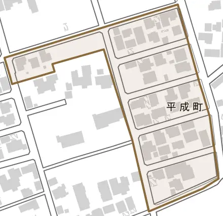 平成町とその周辺の地図。町の範囲を重ねている