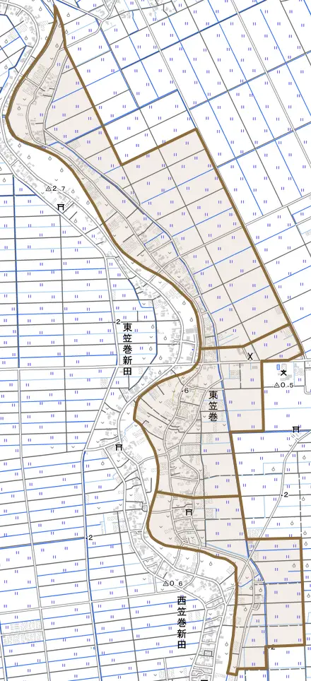 東笠巻とその周辺の地図。町の範囲を重ねている