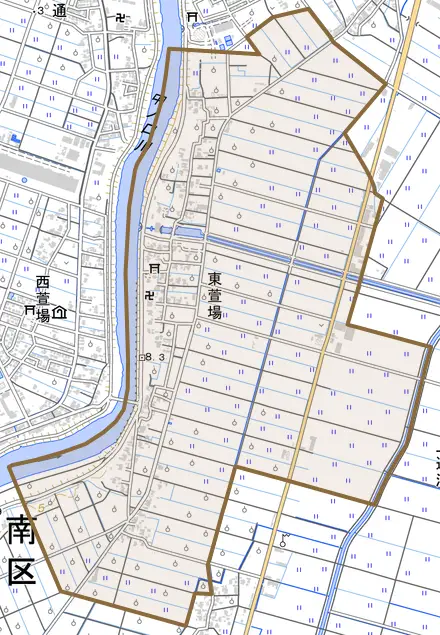 東萱場とその周辺の地図。町の範囲を重ねている