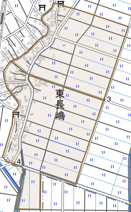 東長嶋とその周辺の地図。町の範囲を重ねている
