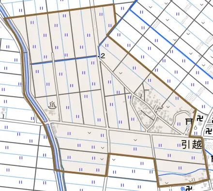 引越とその周辺の地図。町の範囲を重ねている