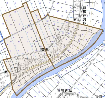 菱潟とその周辺の地図。町の範囲を重ねている