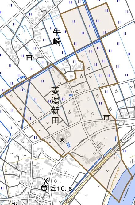 菱潟新田とその周辺の地図。町の範囲を重ねている