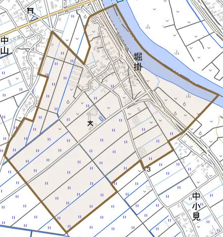 堀掛とその周辺の地図。町の範囲を重ねている