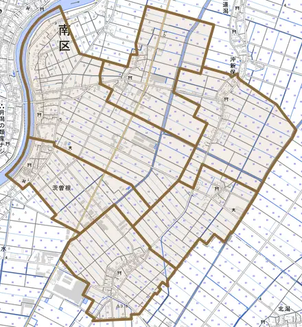 茨曽根とその周辺の地図。町の範囲を重ねている