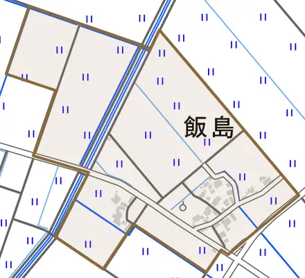 飯島とその周辺の地図。町の範囲を重ねている
