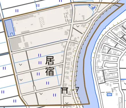 居宿とその周辺の地図。町の範囲を重ねている