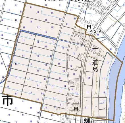 十二道島とその周辺の地図。町の範囲を重ねている