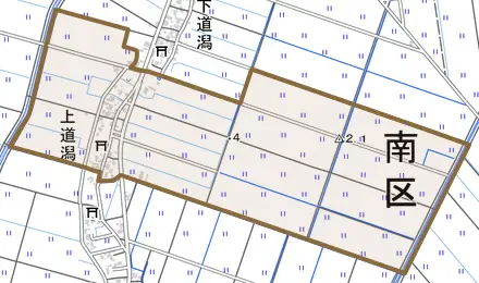 上道潟とその周辺の地図。町の範囲を重ねている