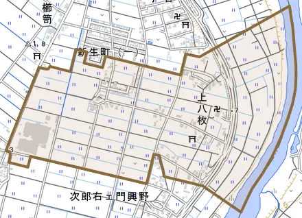 上八枚とその周辺の地図。町の範囲を重ねている