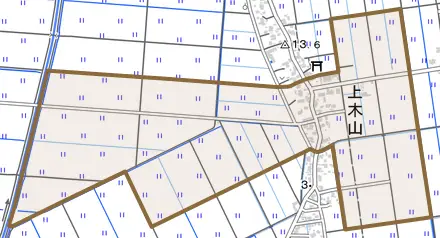 上木山とその周辺の地図。町の範囲を重ねている