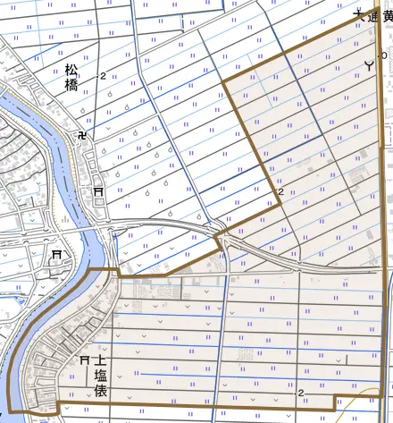 上塩俵とその周辺の地図。町の範囲を重ねている