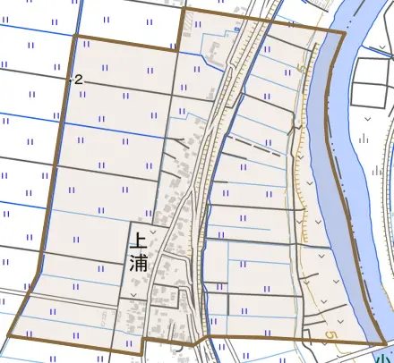 上浦とその周辺の地図。町の範囲を重ねている