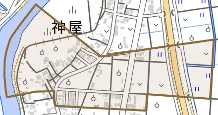 神屋とその周辺の地図。町の範囲を重ねている