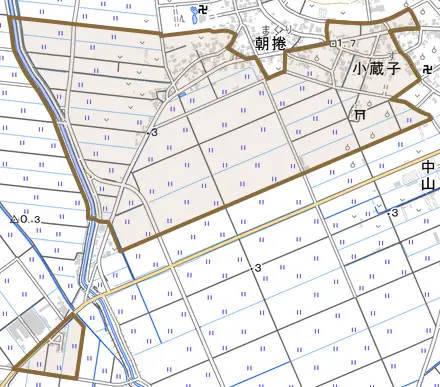 小蔵子とその周辺の地図。町の範囲を重ねている