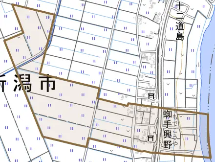 蜘手興野とその周辺の地図。町の範囲を重ねている