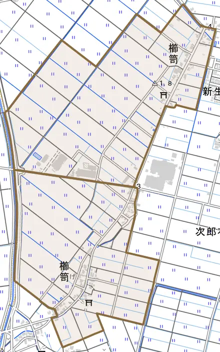 櫛笥とその周辺の地図。町の範囲を重ねている