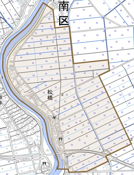 松橋とその周辺の地図。町の範囲を重ねている