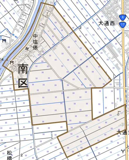 中塩俵とその周辺の地図。町の範囲を重ねている