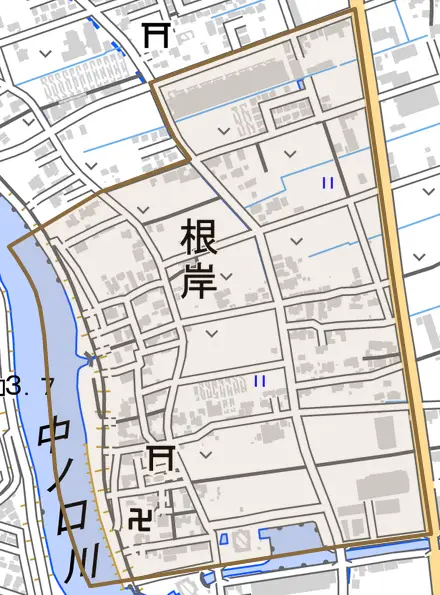 根岸とその周辺の地図。町の範囲を重ねている