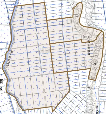 西笠巻新田とその周辺の地図。町の範囲を重ねている