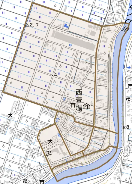 西萱場とその周辺の地図。町の範囲を重ねている