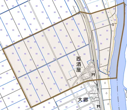 西酒屋とその周辺の地図。町の範囲を重ねている