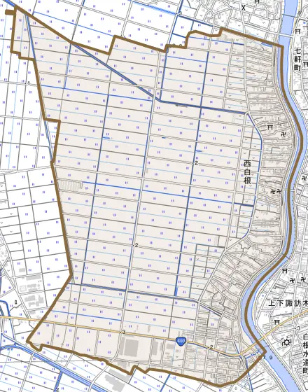西白根とその周辺の地図。町の範囲を重ねている