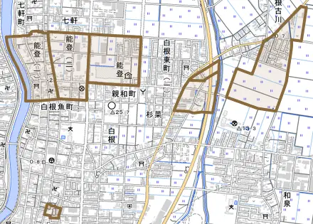 能登とその周辺の地図。町の範囲を重ねている