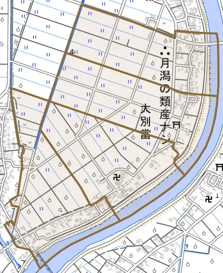大別當とその周辺の地図。町の範囲を重ねている