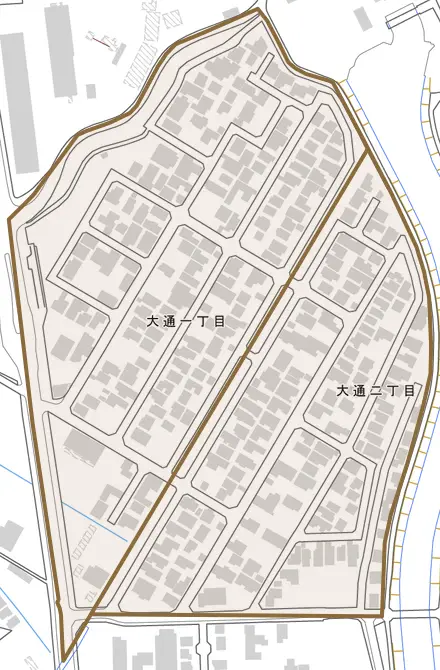 大通とその周辺の地図。町の範囲を重ねている