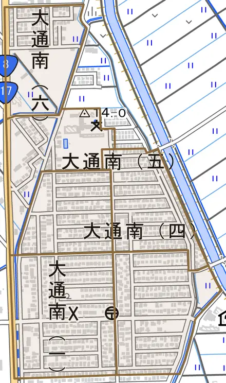 大通南とその周辺の地図。町の範囲を重ねている