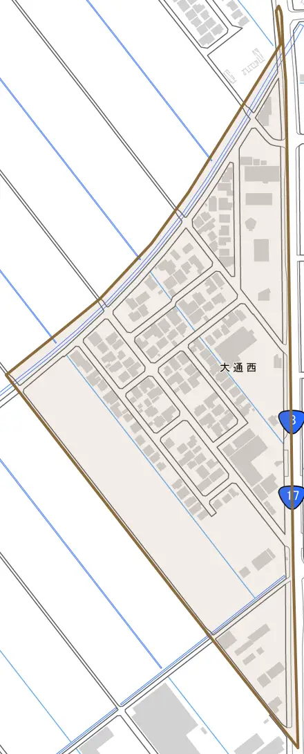 大通西とその周辺の地図。町の範囲を重ねている