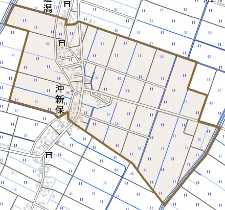 沖新保とその周辺の地図。町の範囲を重ねている
