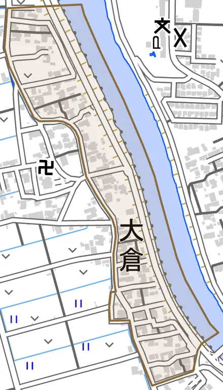 大倉とその周辺の地図。町の範囲を重ねている