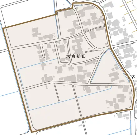 大倉新田とその周辺の地図。町の範囲を重ねている
