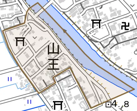 山王とその周辺の地図。町の範囲を重ねている