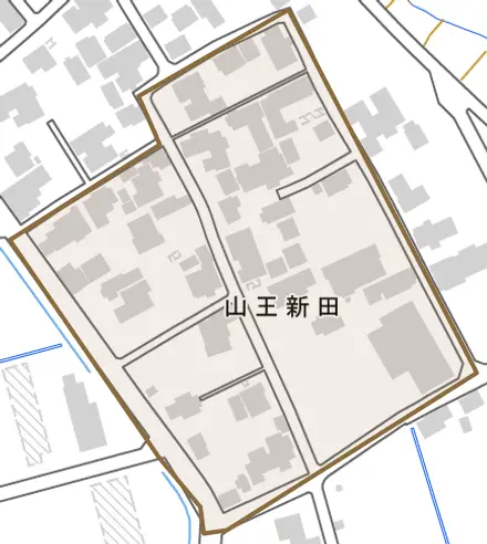 山王新田とその周辺の地図。町の範囲を重ねている