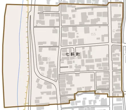 七軒町とその周辺の地図。町の範囲を重ねている