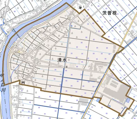 清水とその周辺の地図。町の範囲を重ねている
