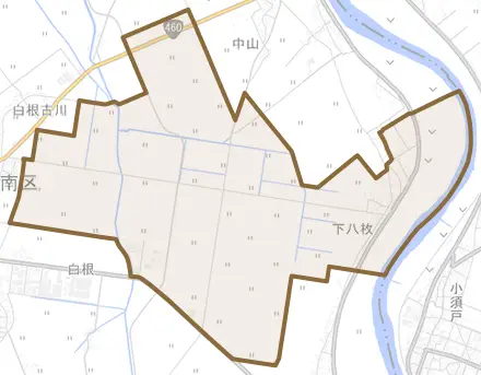 下八枚とその周辺の地図。町の範囲を重ねている