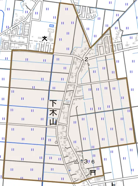 下木山とその周辺の地図。町の範囲を重ねている