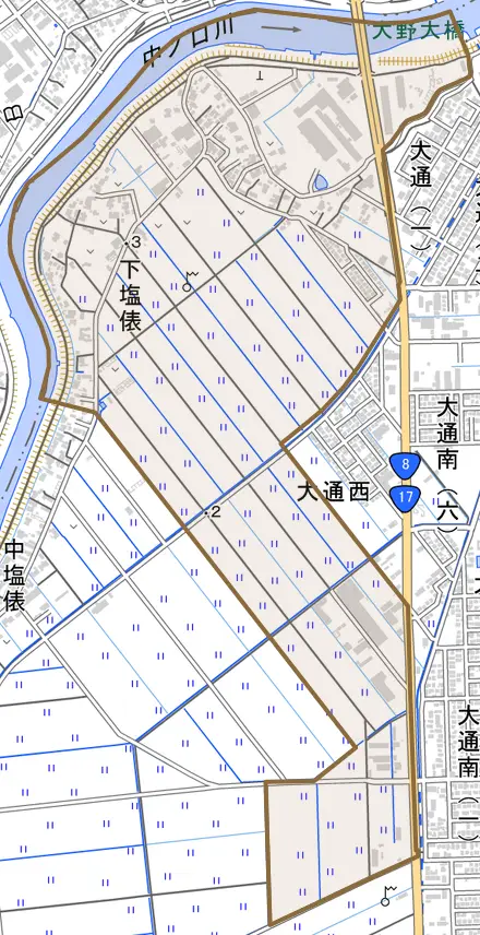 下塩俵とその周辺の地図。町の範囲を重ねている