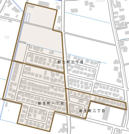 新生町とその周辺の地図。町の範囲を重ねている