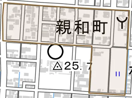 親和町とその周辺の地図。町の範囲を重ねている