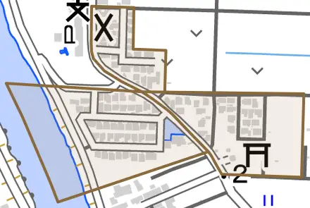 新山崎町とその周辺の地図。町の範囲を重ねている