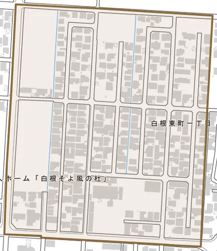 白根東町とその周辺の地図。町の範囲を重ねている