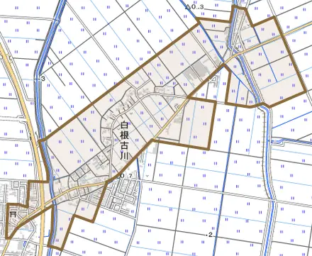 白根古川とその周辺の地図。町の範囲を重ねている